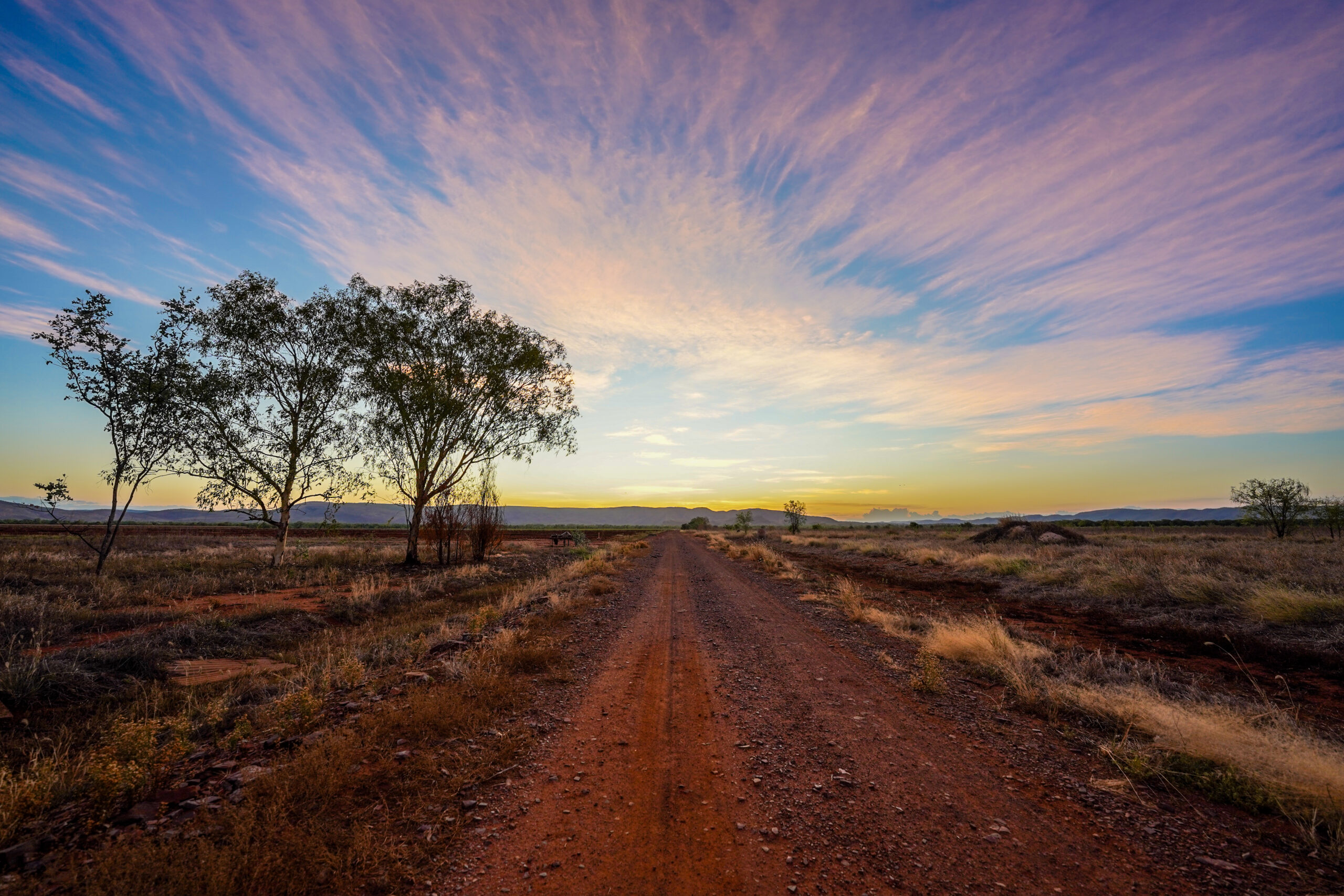 The dramatic view of pink clouds in the steppe at sunset